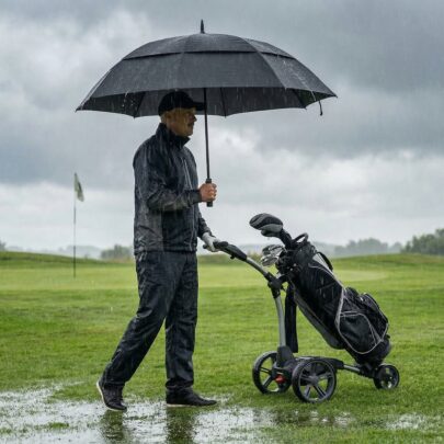golfparaply i regn med golfvogn stort sort paraply på golfbane