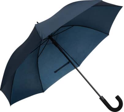 stort blått paraply med slitstark duk och klassisk design