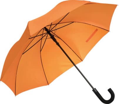 stort orange paraply med stabil konstruktion och krokhandtag