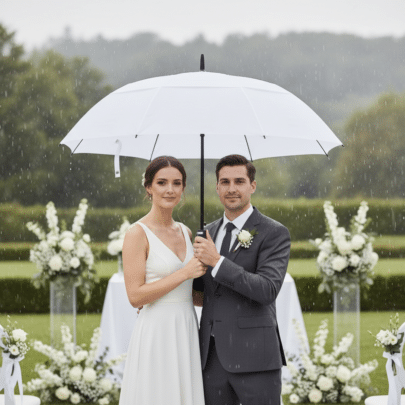 vitt golfparaply på bröllop i regn