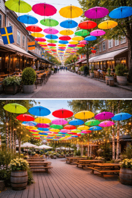 paraplyhimmel över gågata i svensk stad med färgglada upphängda paraplyer