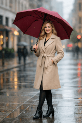 Kvinde med burgunder paraply i regnen