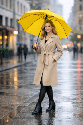Kvinne med gul paraply på regnvejrsdag