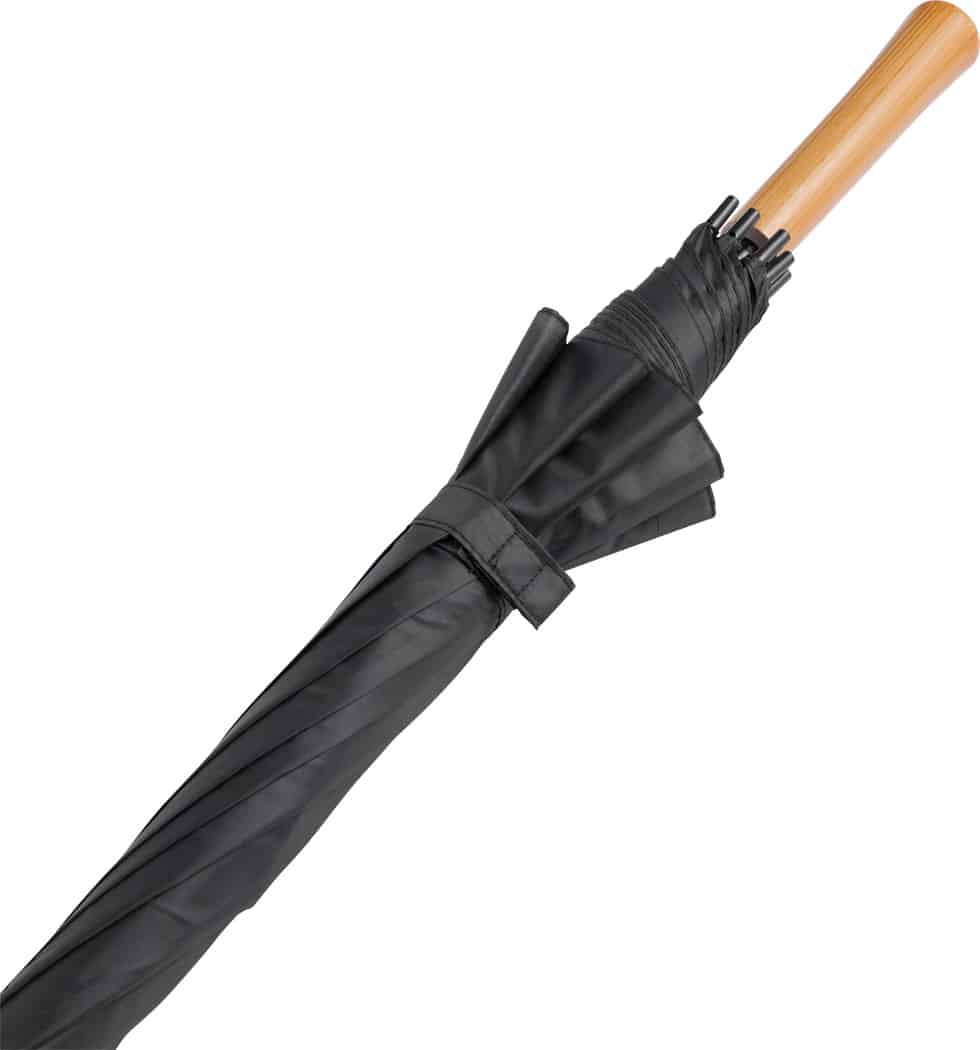 svart paraply Ella hopfälld med trälook handtag